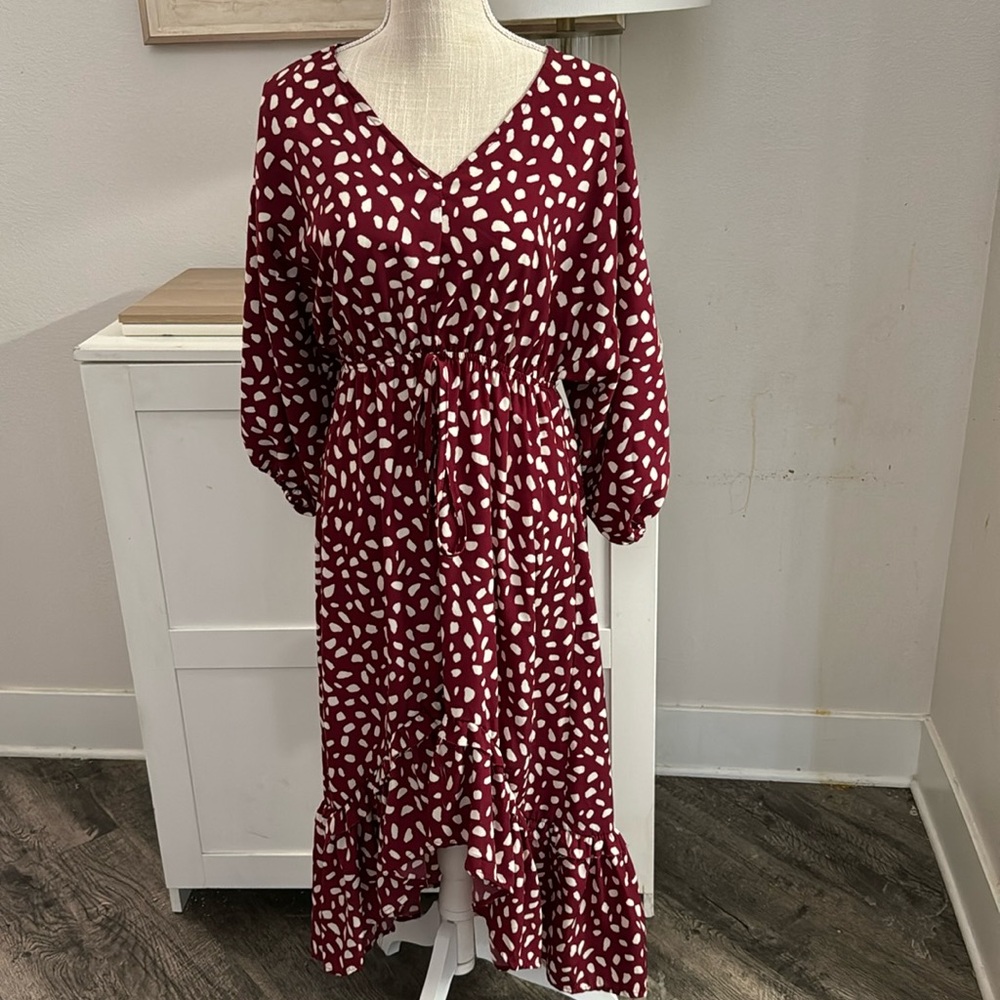 Umgee Vintage EUC Maroon and White Spotted Print Midi Dress